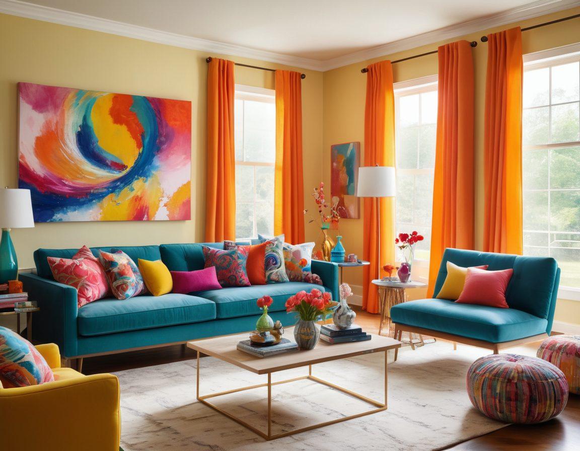 A vibrant and whimsical living room filled with colorful artwork, featuring a playful mix of abstract paintings and funny sculptures. Bright accents in throw pillows and curtains add a cheerful atmosphere, while a cozy corner with art supplies inspires creativity. Sunlight pours in through large windows, illuminating the lively decor. super-realistic. vibrant colors. artistic style.